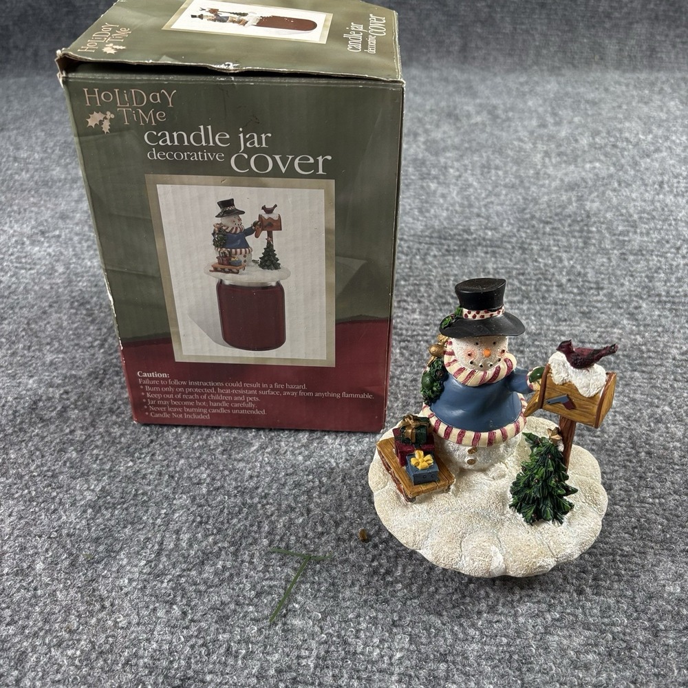 Holiday Time Snowman Candle Jar Topper Cover Christmas Decor w Box Farmhouse‎